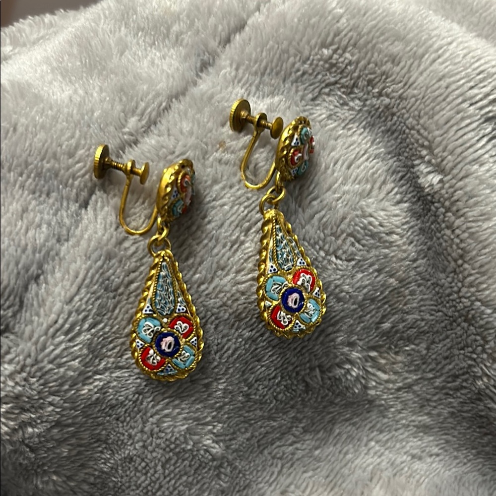 Gold and Red Teardrop Earrings with Intricate Design